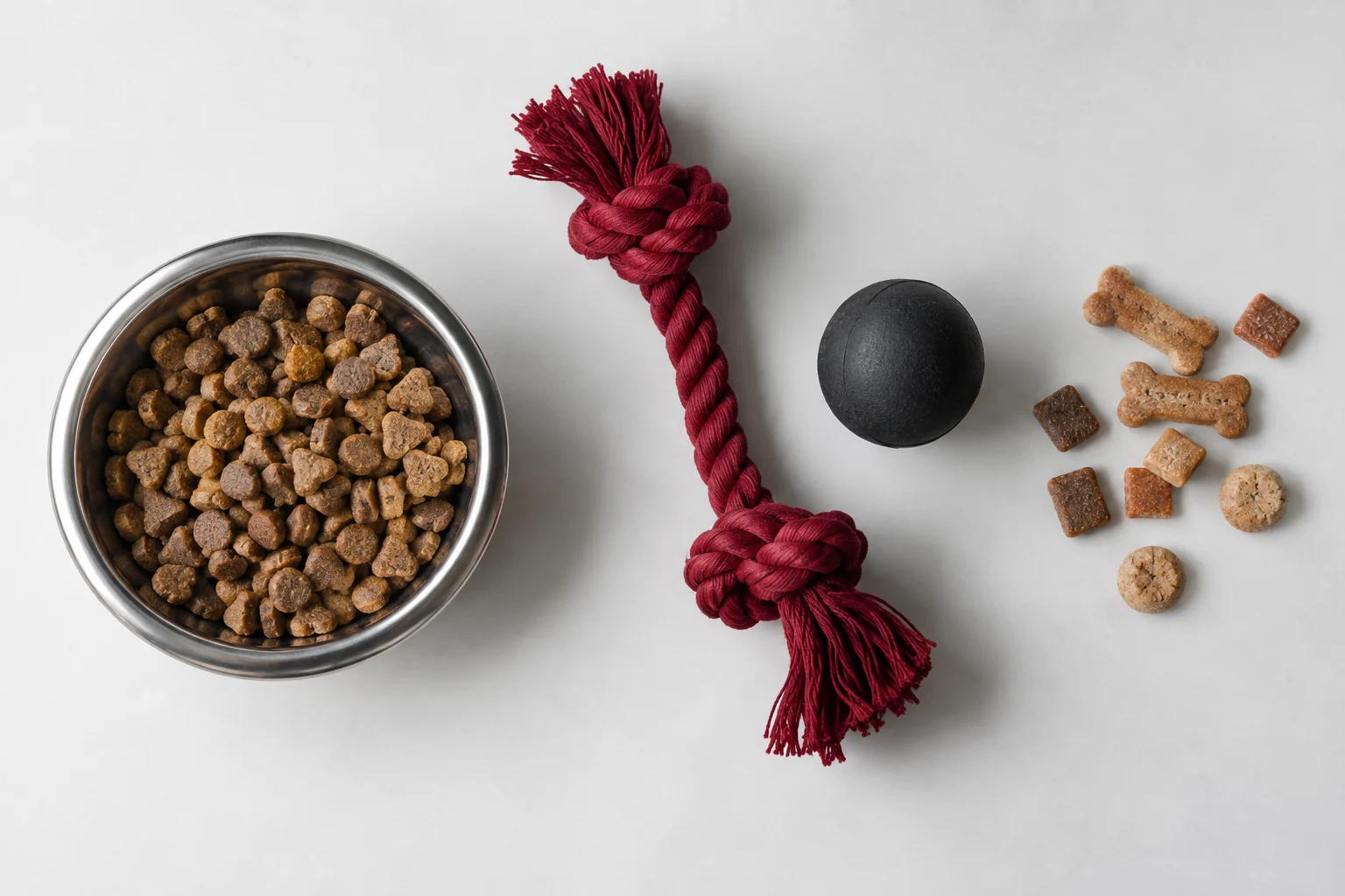 Alimento en un tazón, juguetes y premios para mascotas sobre una superficie clara