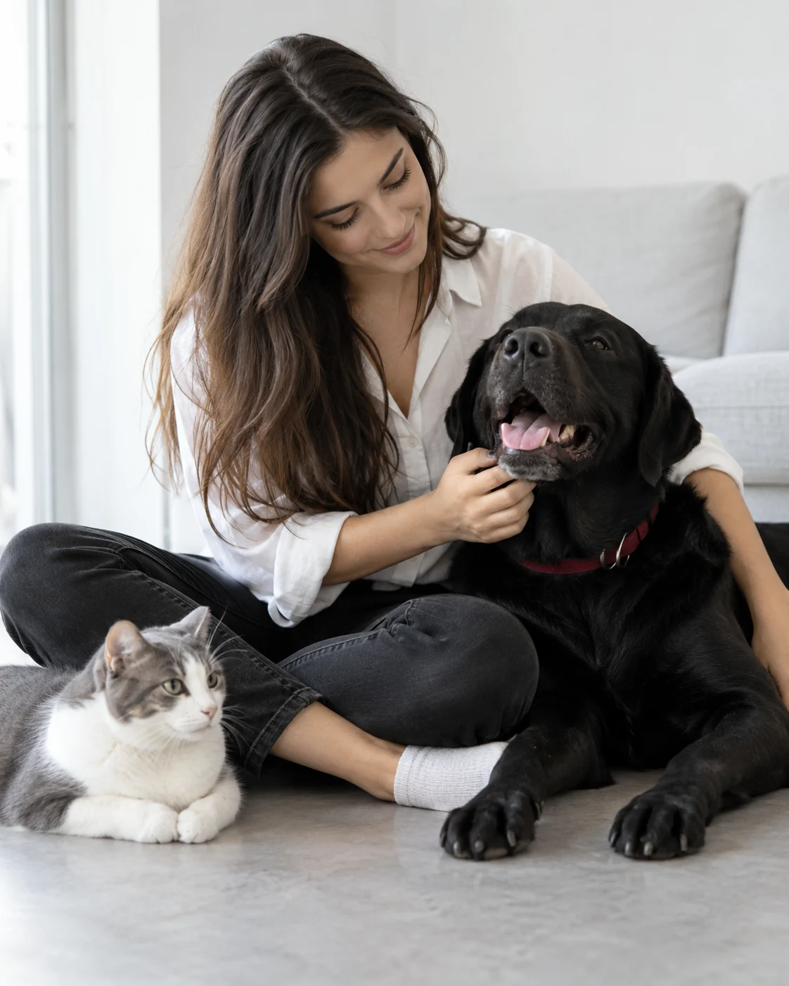 Una persona comparte un momento de cariño con su perro y su gato en casa